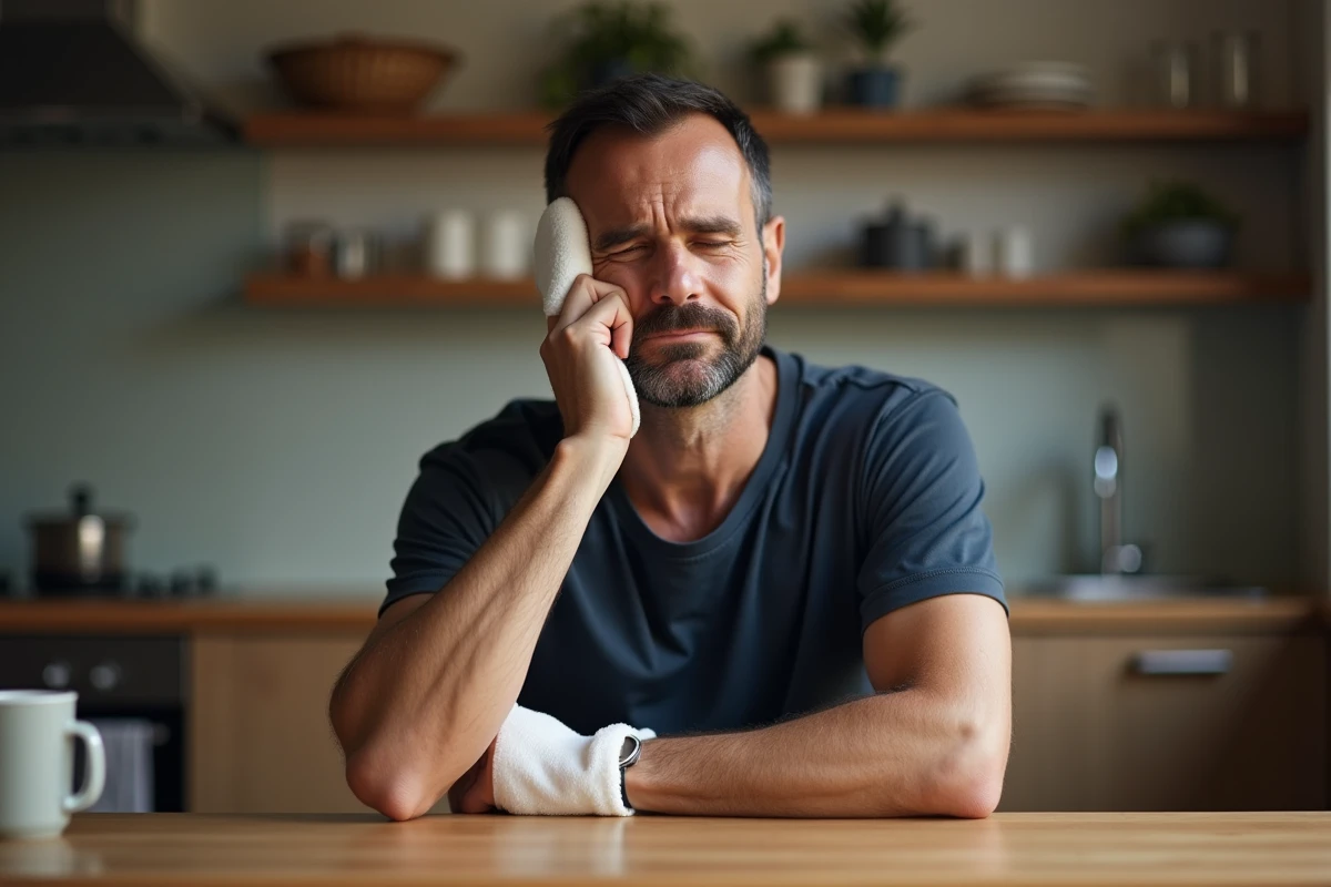 Homme adulte apposant une poche de glace sur la joue pour soulager une douleur de dent de sagesse à la maison