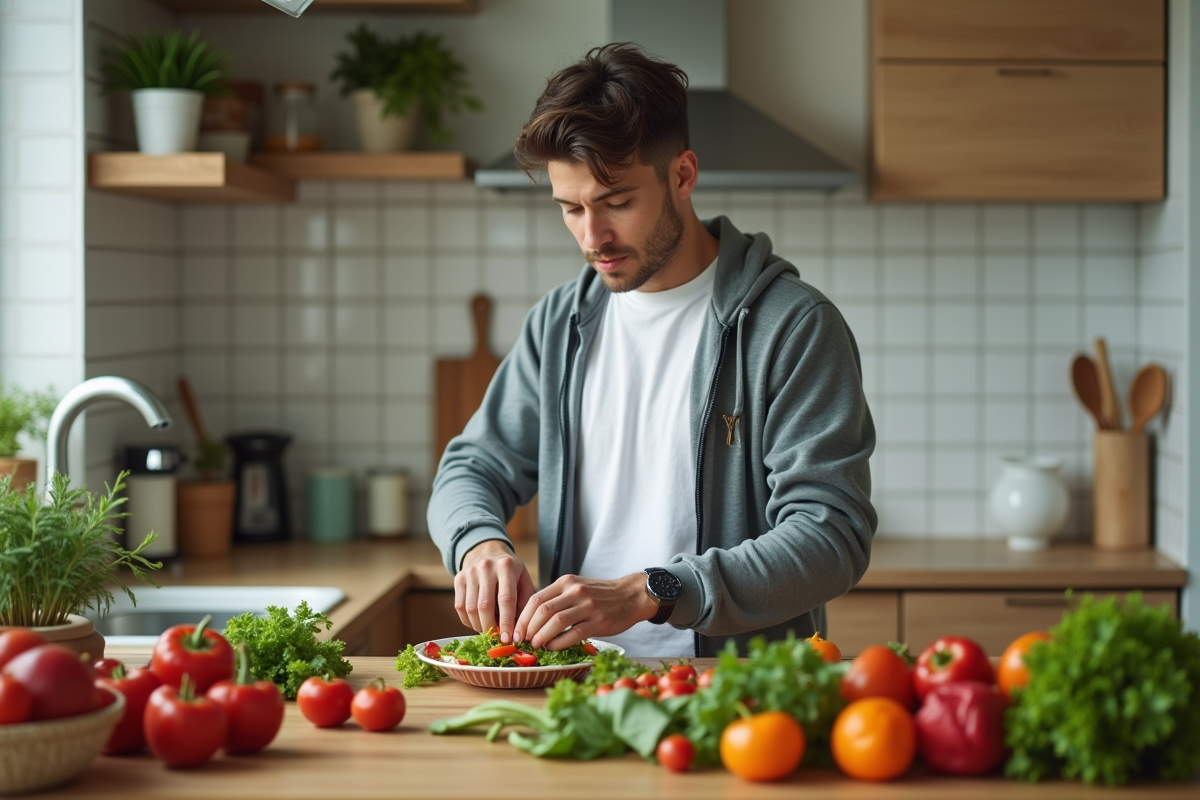 Jeune homme préparant une salade dans la cuisine familiale