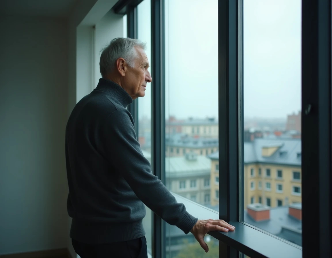 Homme d'âge mûr en pull gris regardant par une fenêtre urbaine avec une expression méditative, illustrant la solitude et la vie privée face à l'inquiétude publique