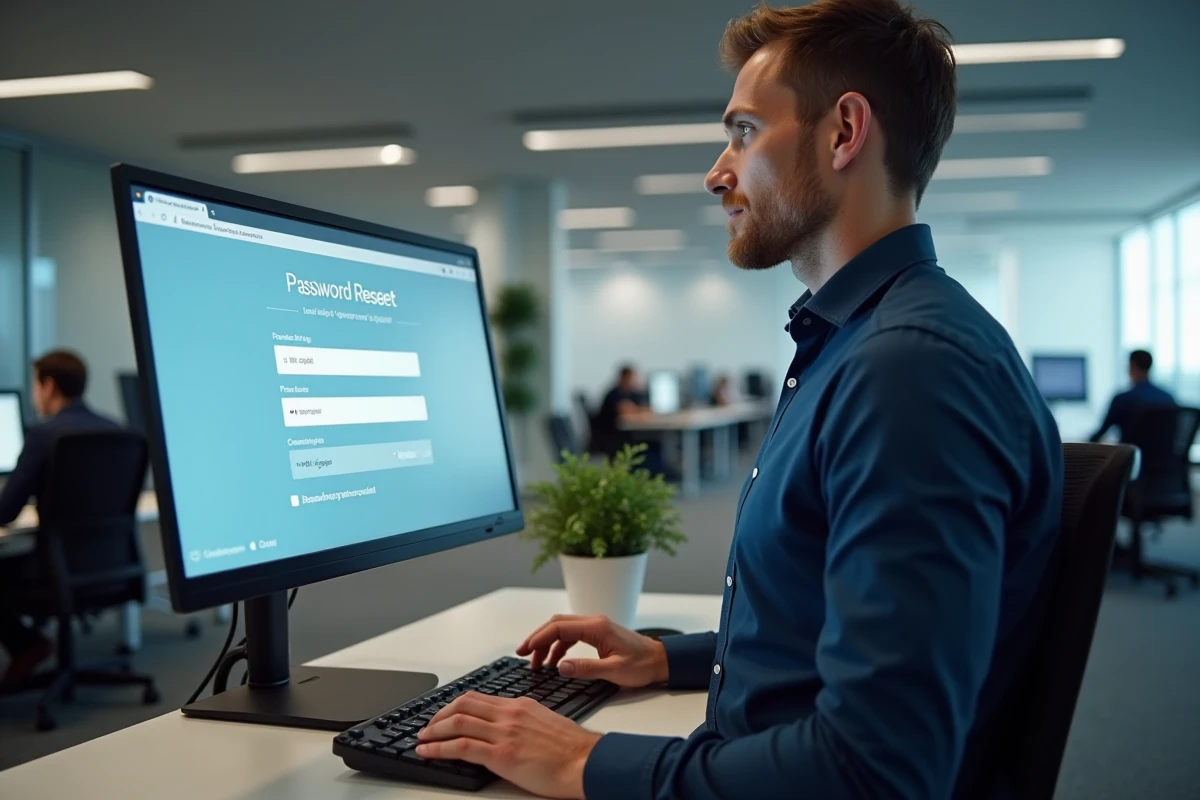 Homme en bureau professionnel réinitialisant son mot de passe sur un grand écran d'ordinateur