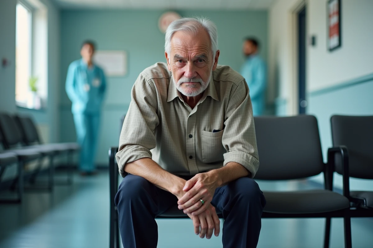 Homme âgé en salle d'attente des urgences tenant sa jambe, symptômes de douleur à la veine saphène