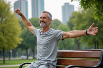 Homme sportif souriant s'étire dans un parc en matinée