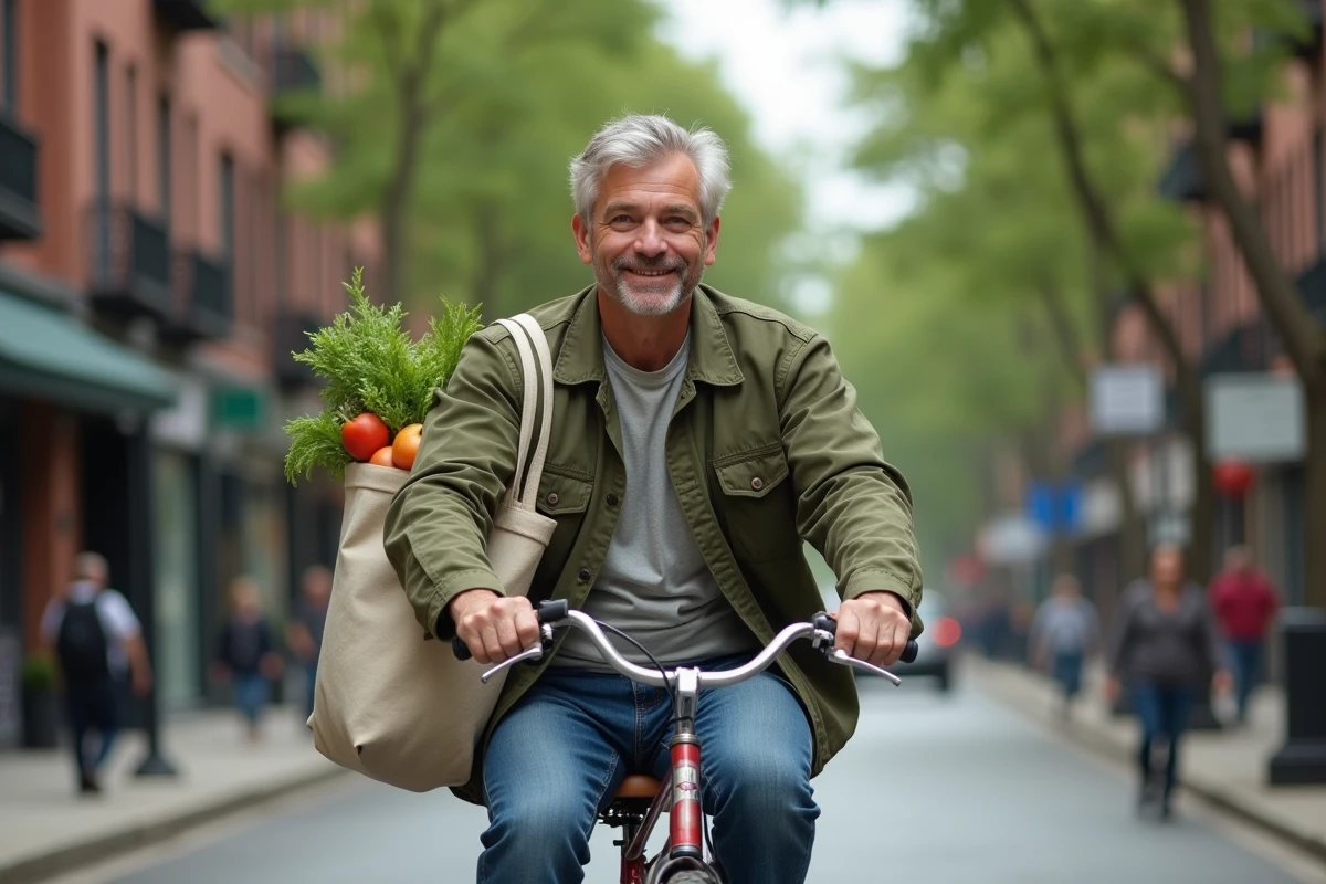 Homme à vélo urbain en mode durable dans une rue tranquille