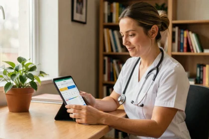 Infirmière à domicile consultant son planning de tournée sur une tablette numérique avec le logiciel NETSoins