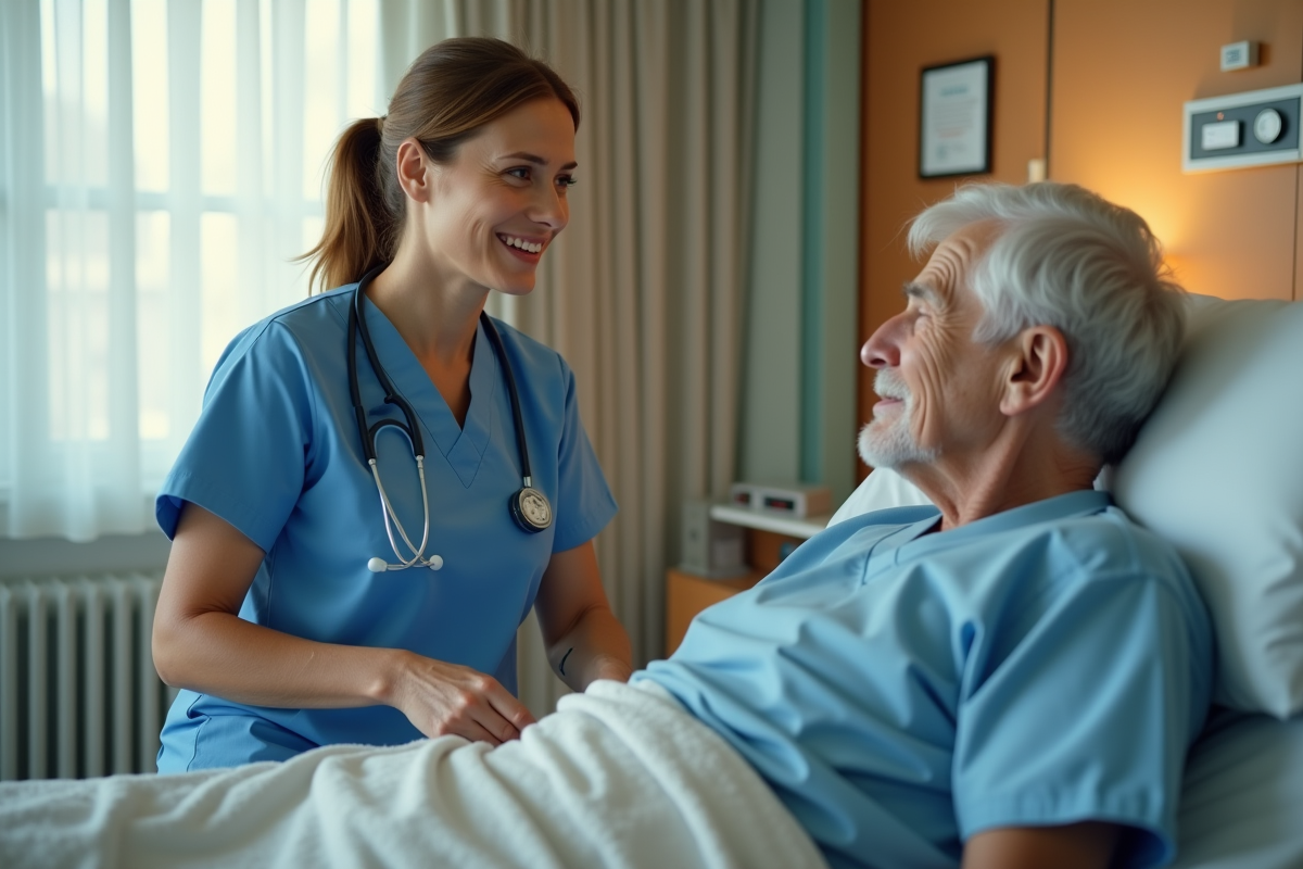 Infirmière en blouse blanche parlant avec une personne âgée