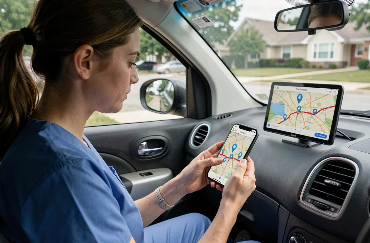 Infirmière optimisant sa tournée de soins à domicile via une application de géolocalisation sur smartphone dans sa voiture