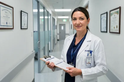 Infirmière qualité en milieu hospitalier tenant un tableau de bord d'évaluation dans un couloir clinique moderne