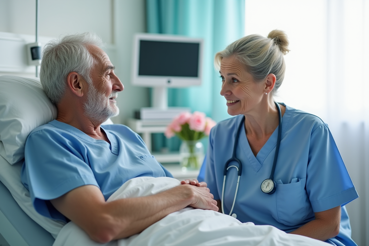 Infirmière souriante avec un patient âgé dans une chambre d