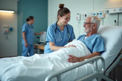 Infirmière en blouse bleue ajuste un lit d'hôpital avec un patient âgé