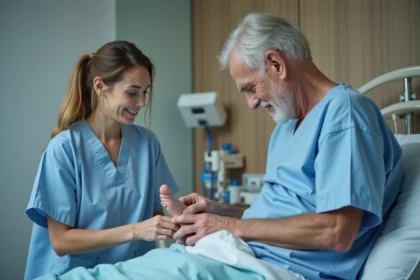 Infirmière en scrubs examine le pied d'un patient âgé