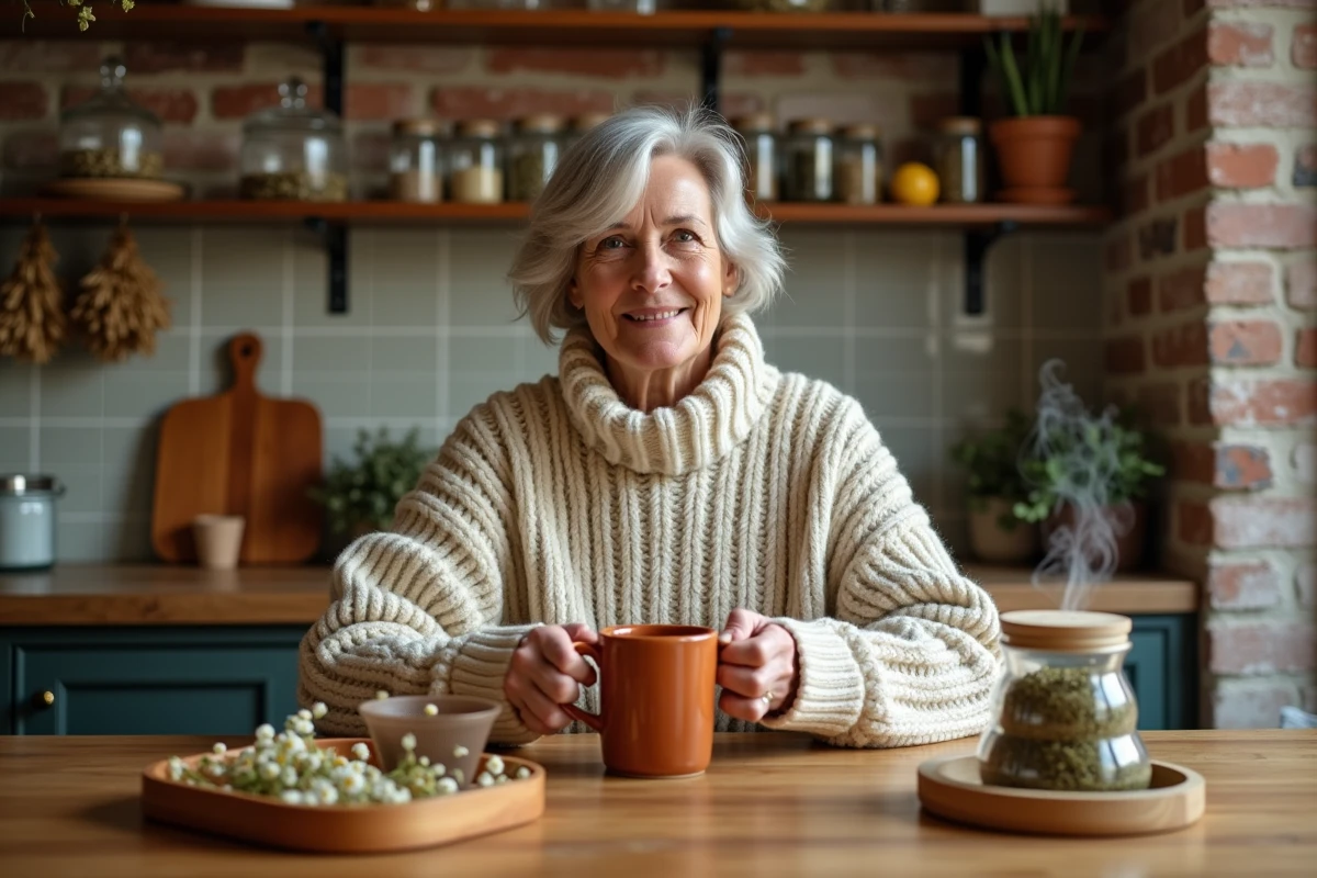 Femme préparant une infusion de plantes apaisantes pour abaisser naturellement le taux de cortisol