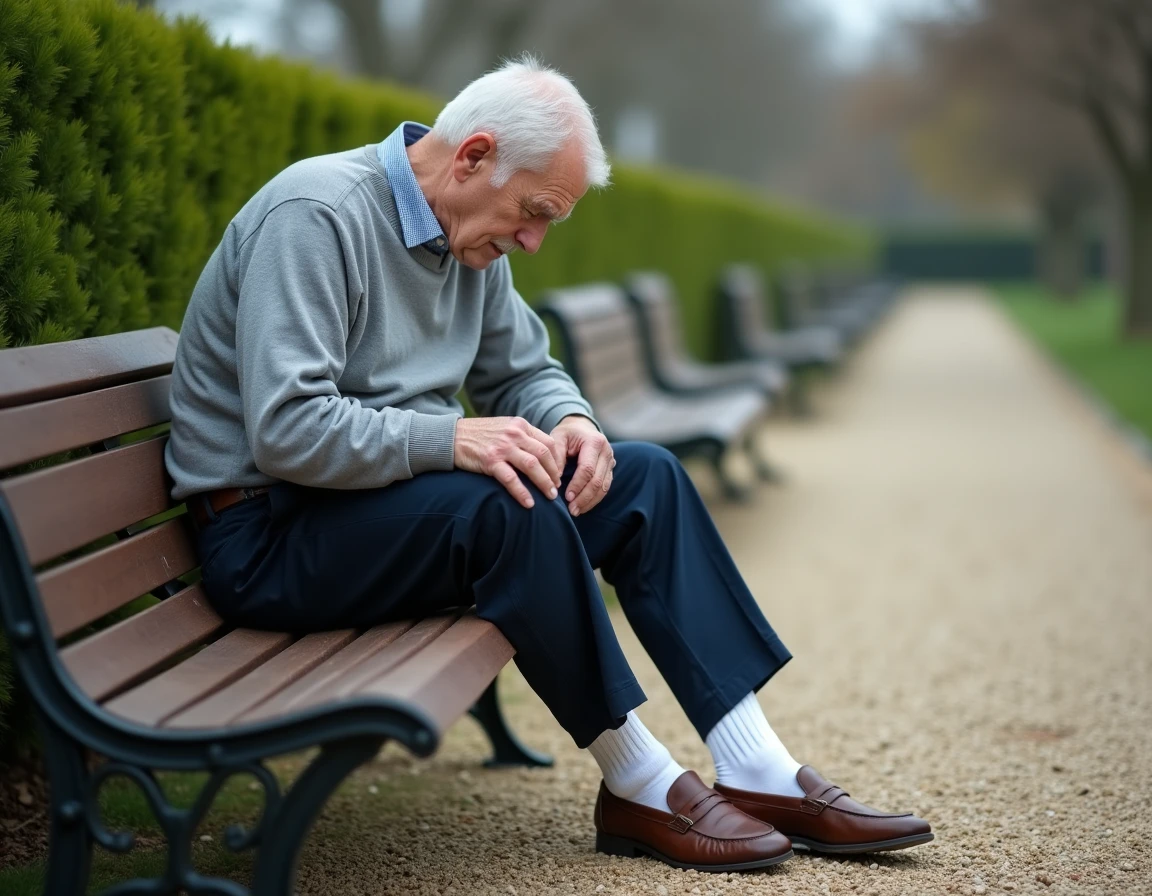 Homme âgé aux jambes lourdes et chevilles gonflées assis sur un banc de parc