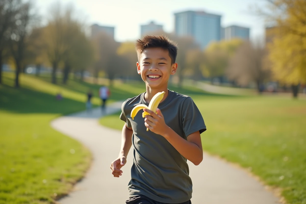 Jeune garçon en sport dégustant une banane dans un parc urbain