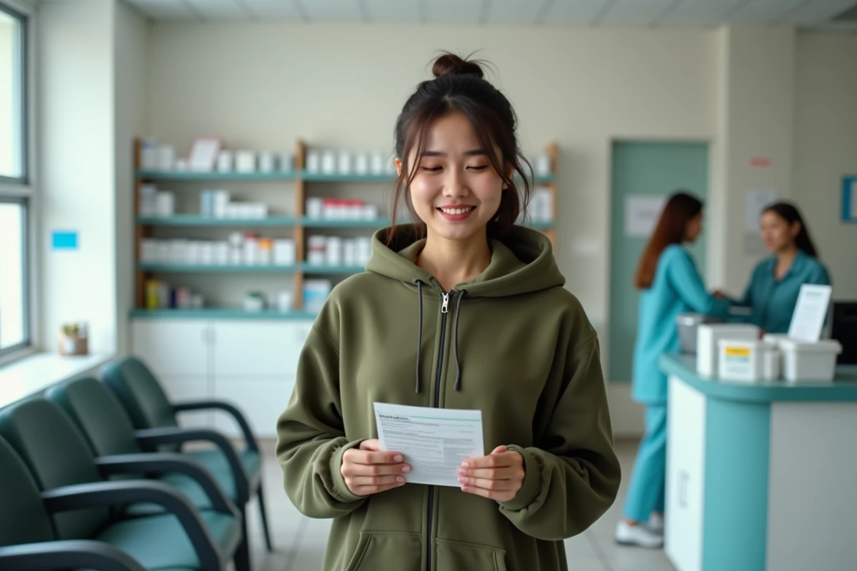 Jeune femme en salle d'attente médicale évaluant sa douleur à la mâchoire en après-midi, illustrant la consultation pour mâchoire bloquée
