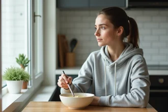 Jeune femme en hoodie gris mangeant une soupe dans la cuisine