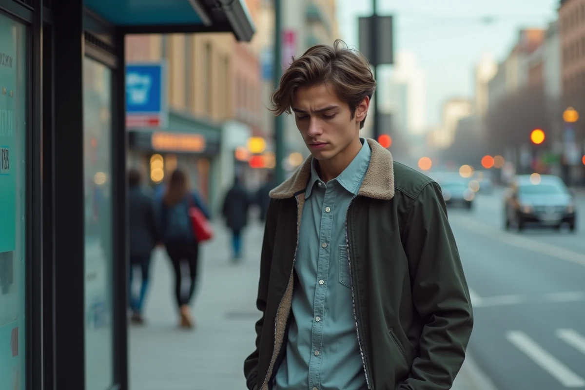 Jeune homme attendant au arrêt de bus en ville