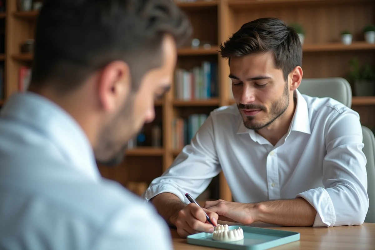 Jeune homme comparant deux couronnes dentaires dans un bureau