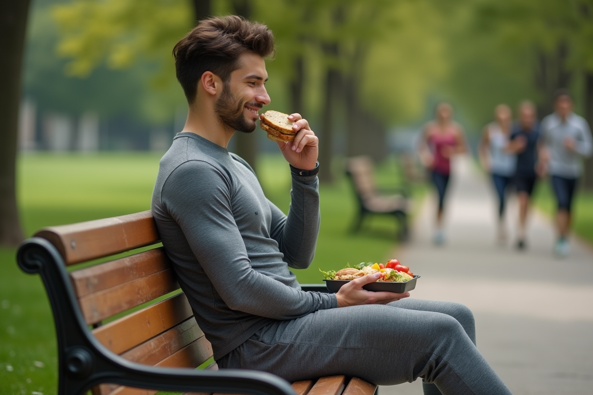 Jeune homme mangeant un sandwich sain dans un parc