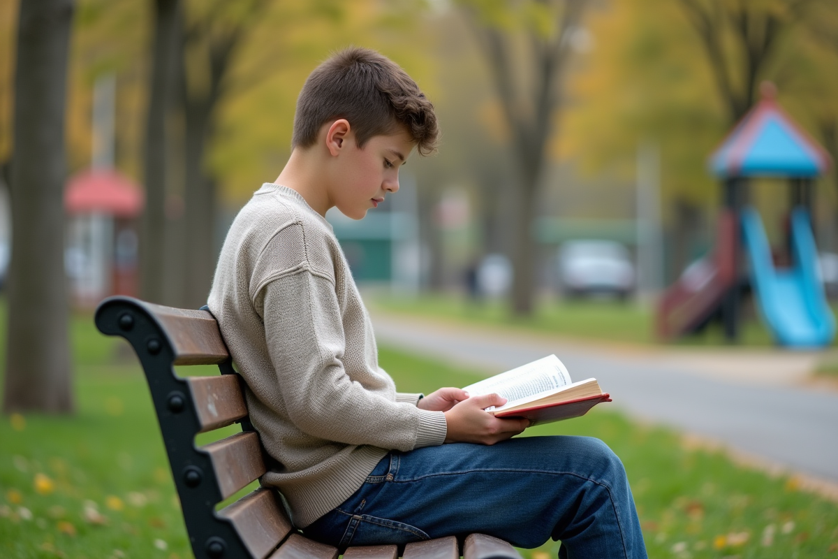 Adolescent assis sur un banc lisant dans un parc