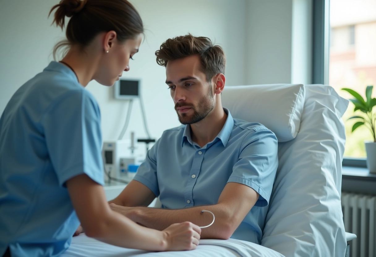 Jeune homme avec cathéter lors d