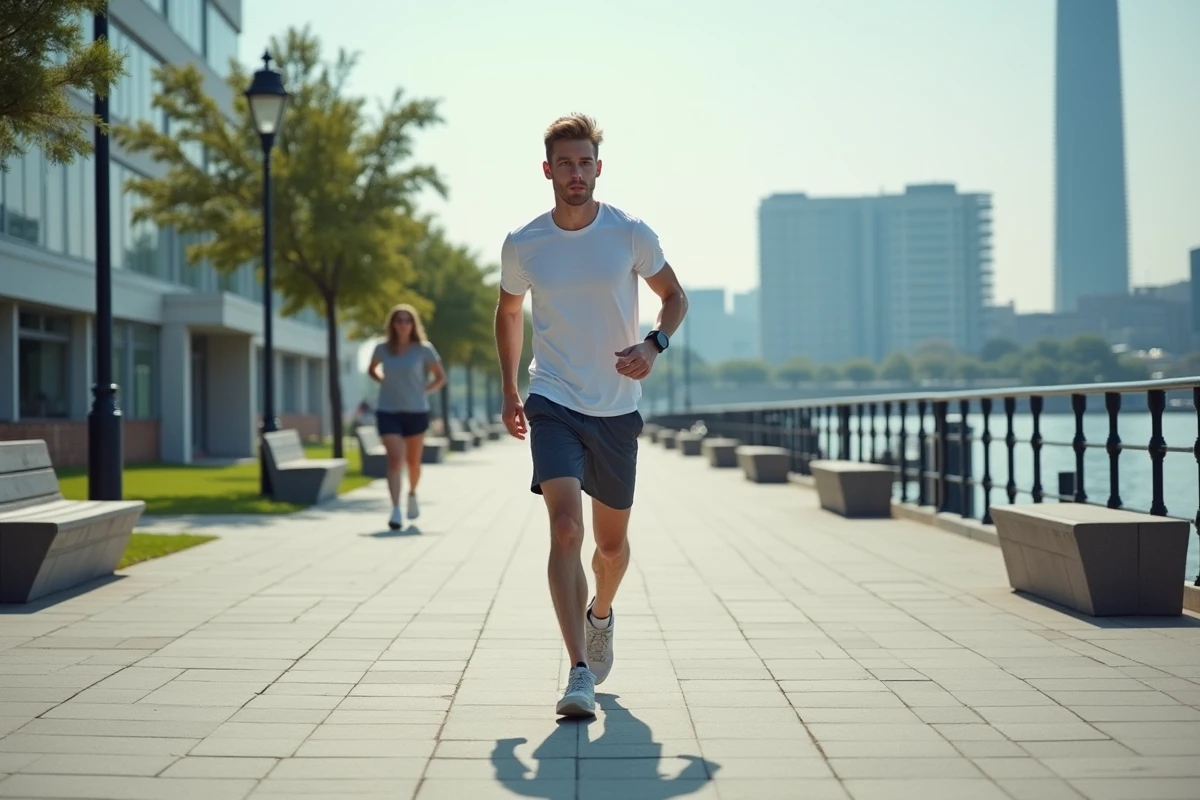 Jeune homme marche vite sur une promenade urbaine au bord de la rivière
