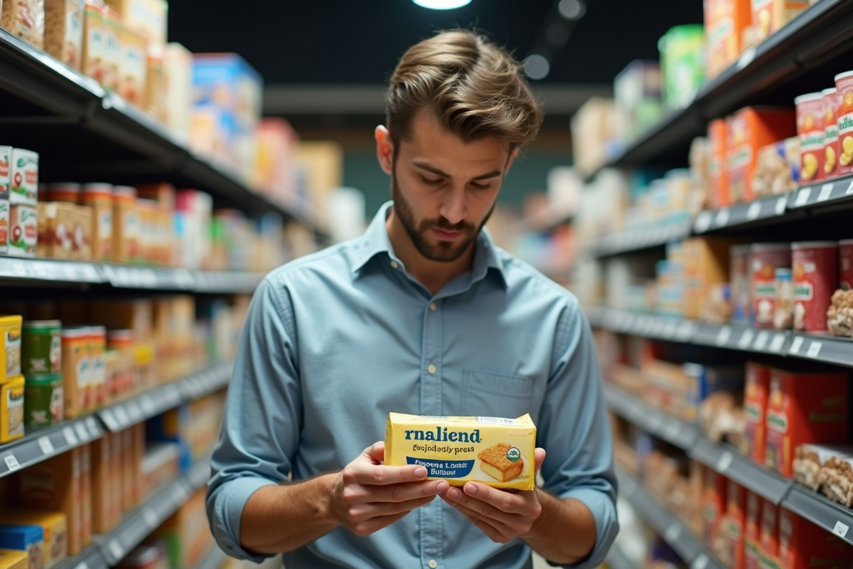 Jeune homme lit une étiquette nutritionnelle en supermarché