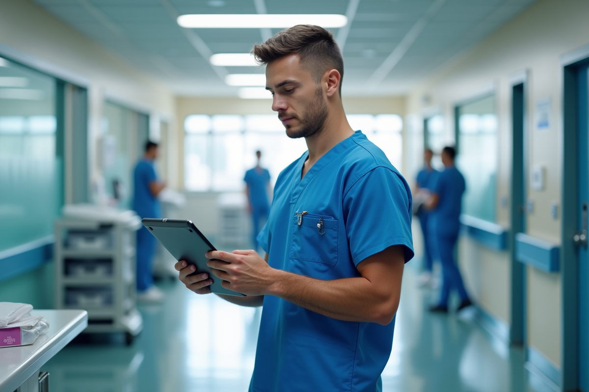 Jeune infirmier en blouse bleue utilisant une tablette dans le couloir