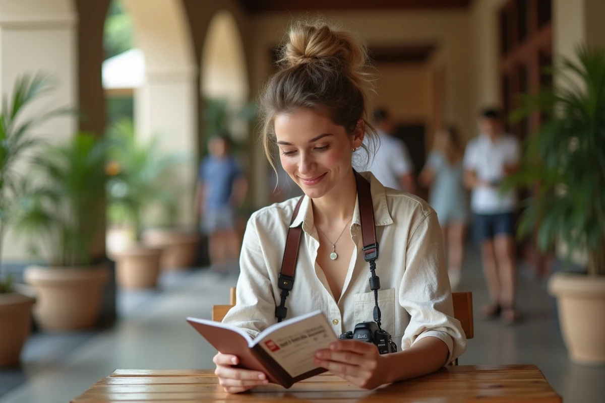 Jeune voyageuse lisant livret de santé dans lobby