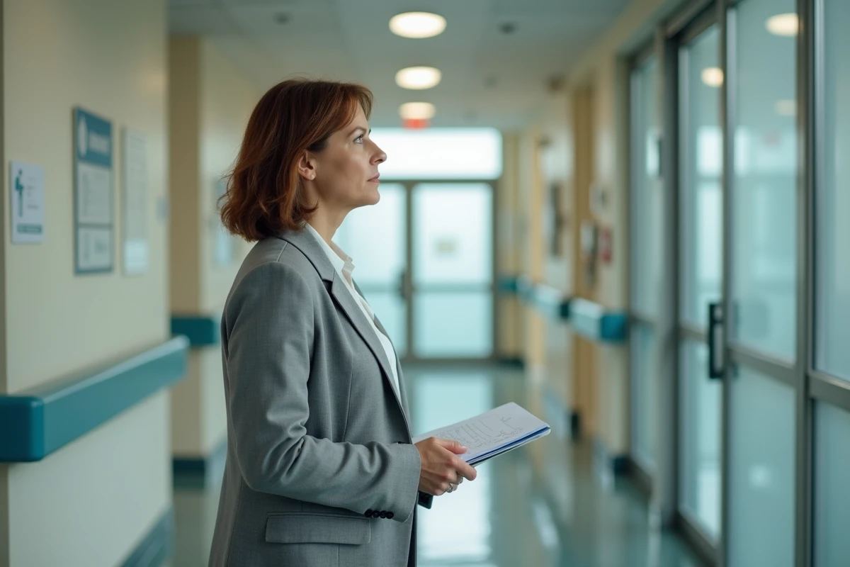 Journaliste debout dans un couloir d'hôpital, carnet en main, illustrant la tension entre respect de la vie privée et devoir d'informer
