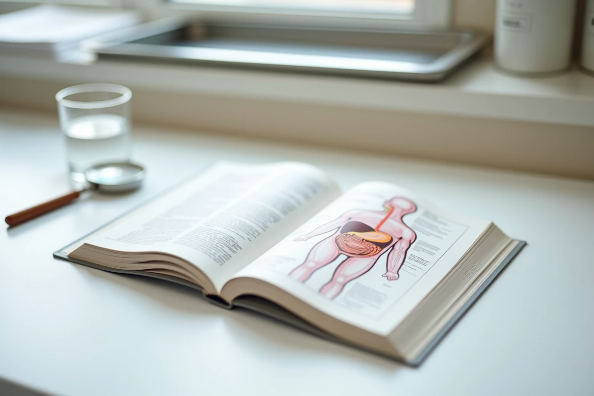 Livre médical ouvert sur un schéma du système digestif humain posé sur une table d'examen clinique
