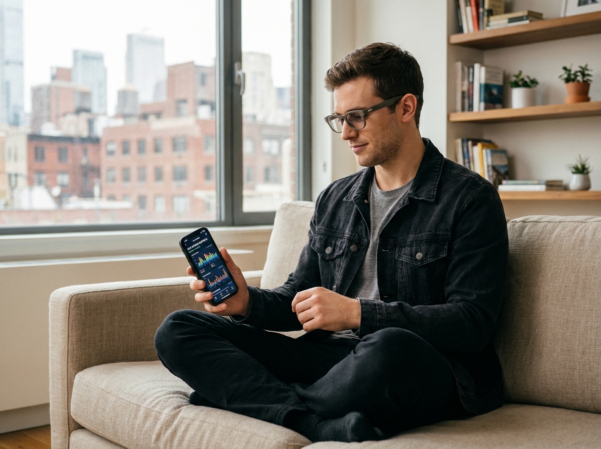 Homme consultant les données de fatigue oculaire de ses lunettes connectées sur une application smartphone dans son salon