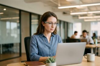 Femme portant des lunettes connectées mesurant la fatigue oculaire au bureau dans un espace de travail moderne