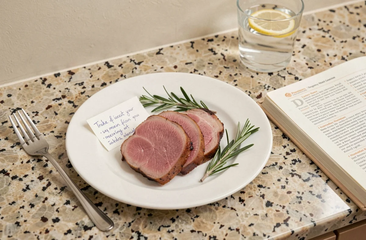 Assiette de magret de canard tranché à cuisson rosée avec guide nutritionnel de grossesse ouvert sur un plan de travail en granit