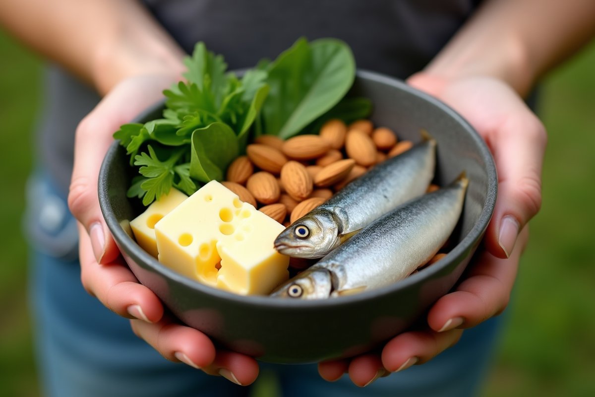 Mains tenant un bol avec sardines et légumes riches en vitamines
