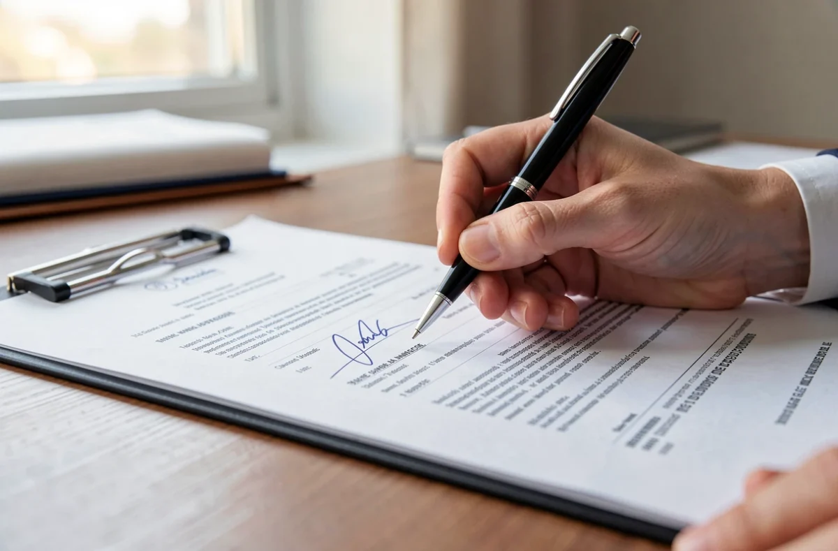 Mains d'une personne signant un contrat d'assurance
