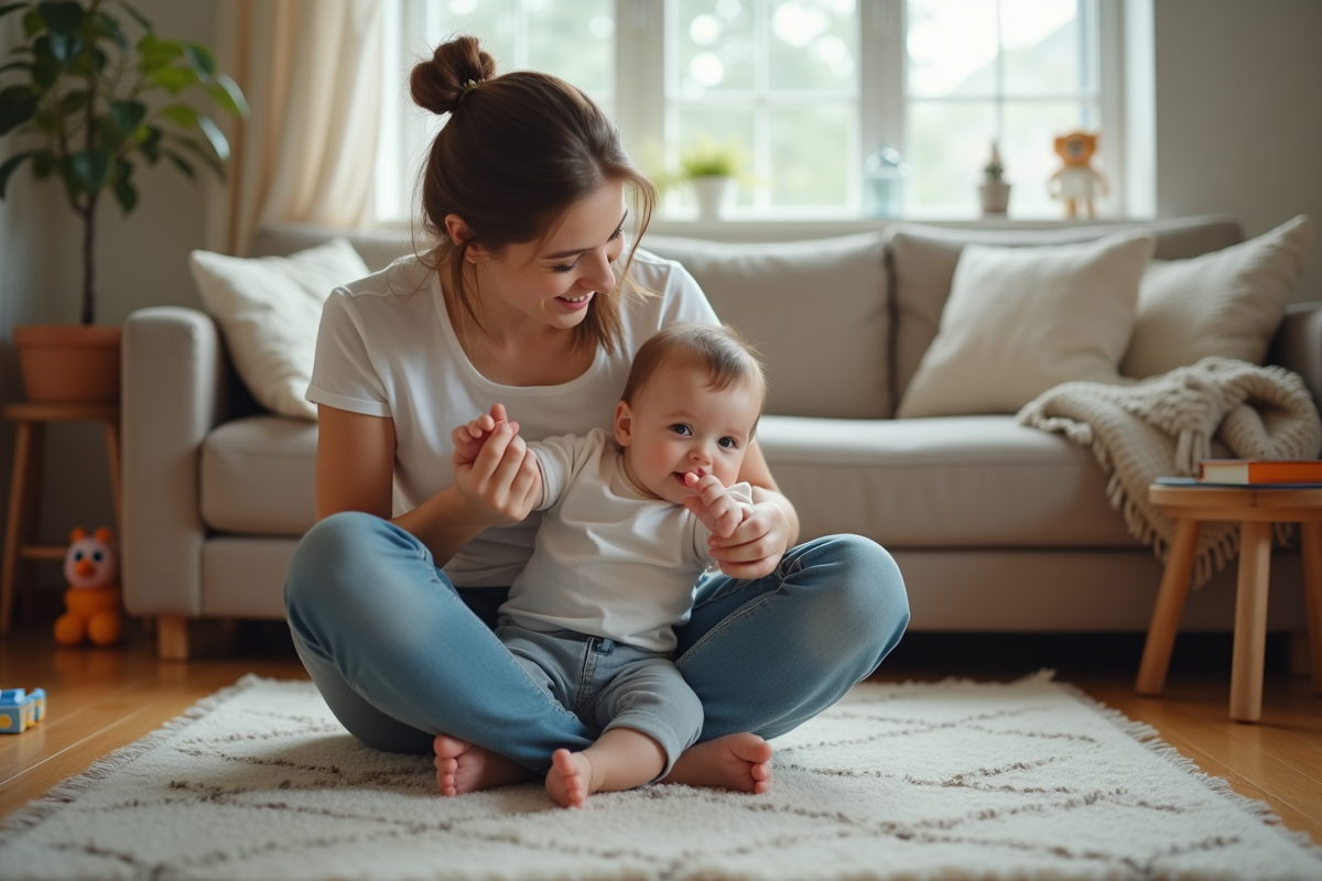 Maman jouant avec son bébé dans le salon chaleureux