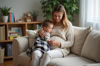 Femme enceinte avec son fils dans un salon chaleureux