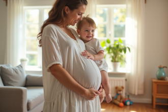 Maman enceinte avec sa fille dans un salon lumineux