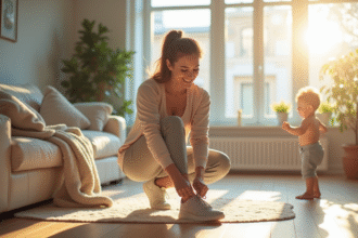 Jeune maman en sport dans un salon lumineux avec un enfant