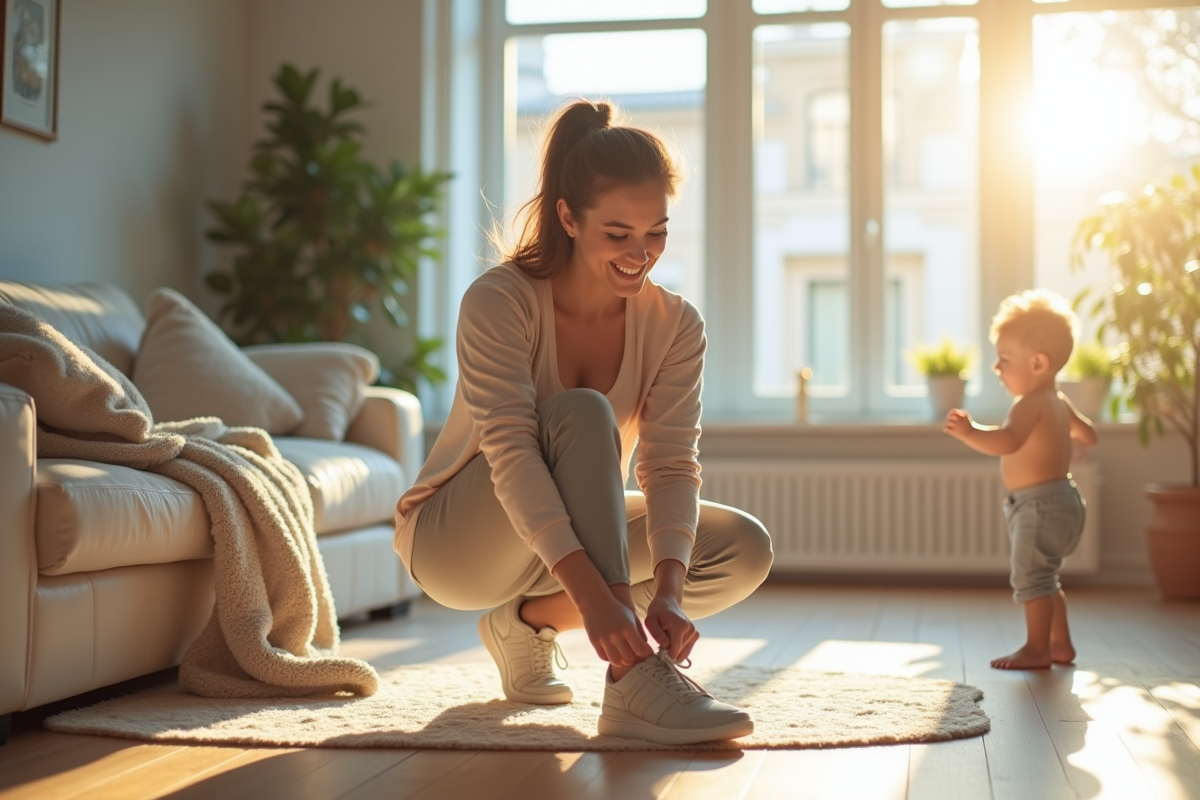 Jeune maman en sport dans un salon lumineux avec un enfant
