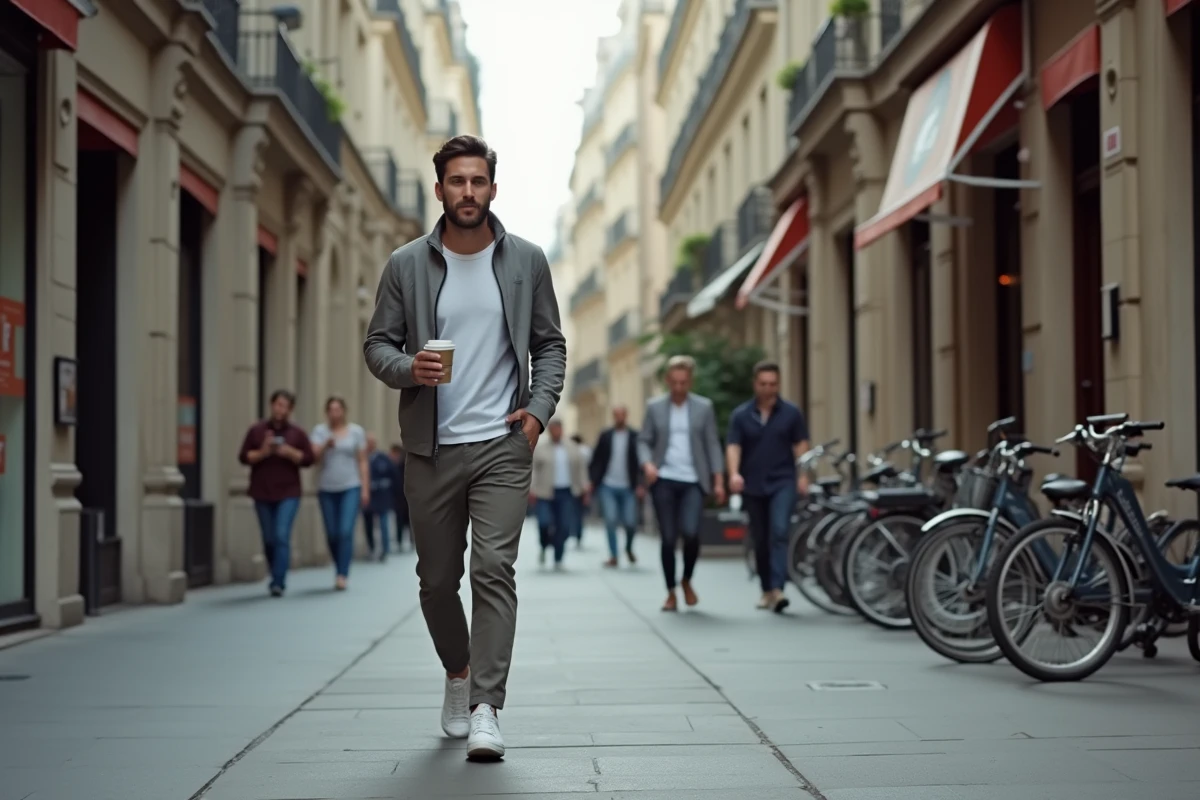 Homme en marche urbaine rapide sur un trottoir parisien avec bâtiments haussmanniens, vêtu d'une tenue décontractée et tenant un café à emporter