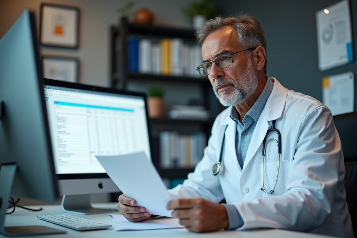 Médecin analysant les résultats d'une prise de sang avec un taux TCMH élevé sur son bureau
