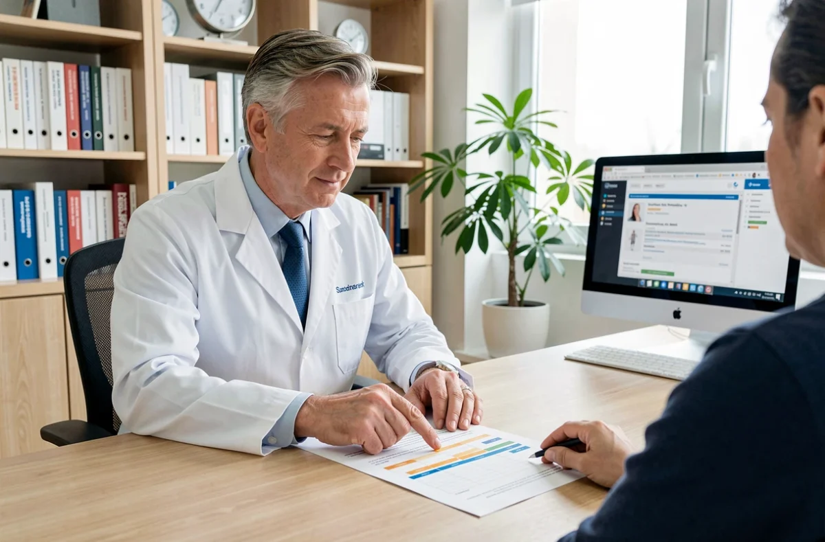 Médecin expliquant le délai d'action de la cortisone à un patient lors d'une consultation