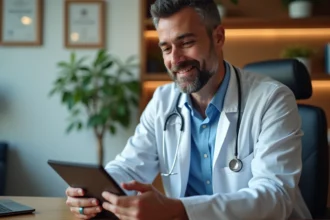 Medecin souriant en consultation video avec patient