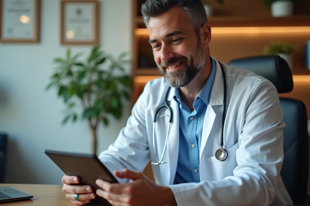 Medecin souriant en consultation video avec patient