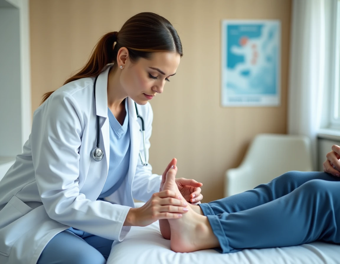 Médecin examinant la cheville enflée d'un patient en cabinet de consultation médicale