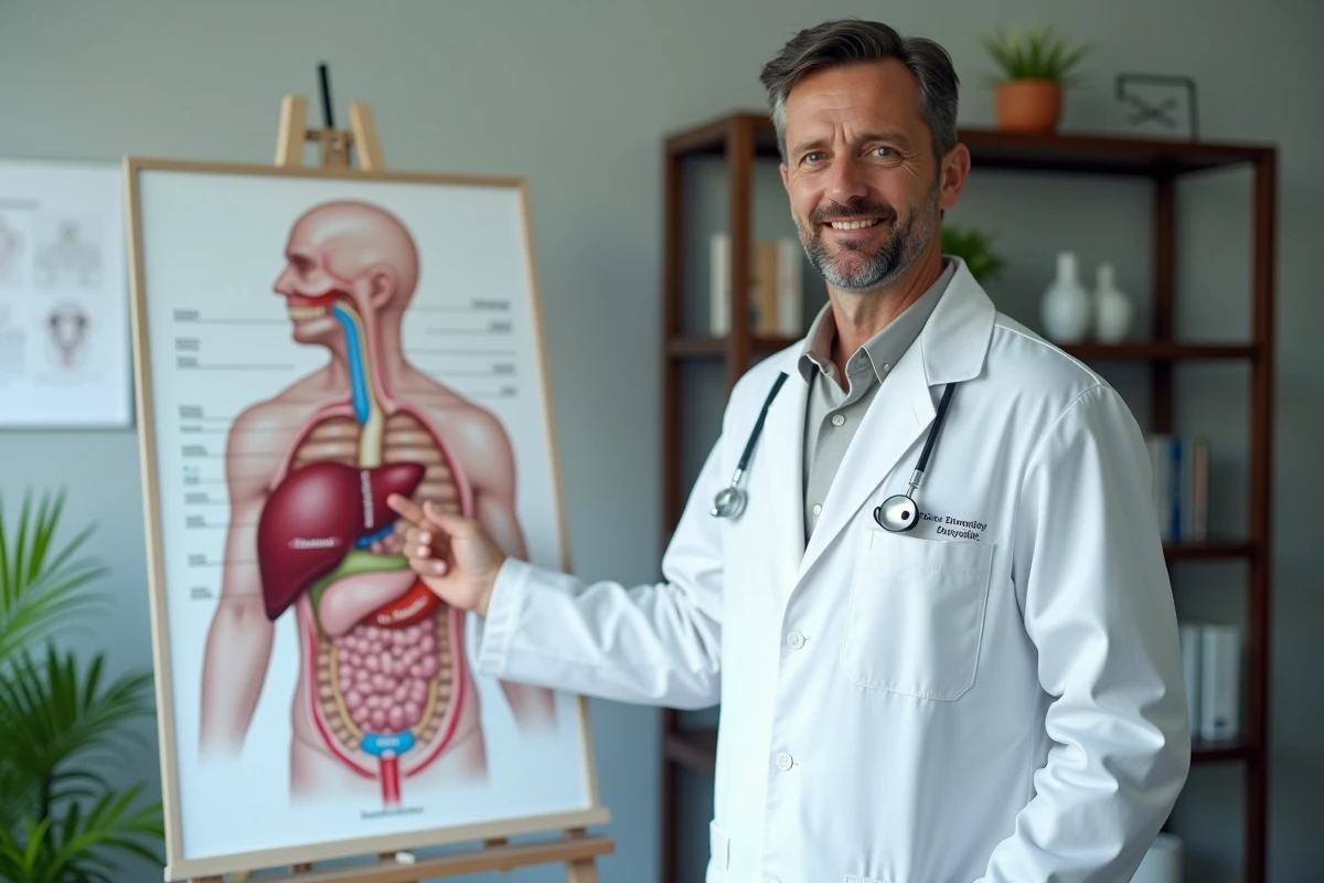 Medecin pointant un diagramme du foie dans un cabinet