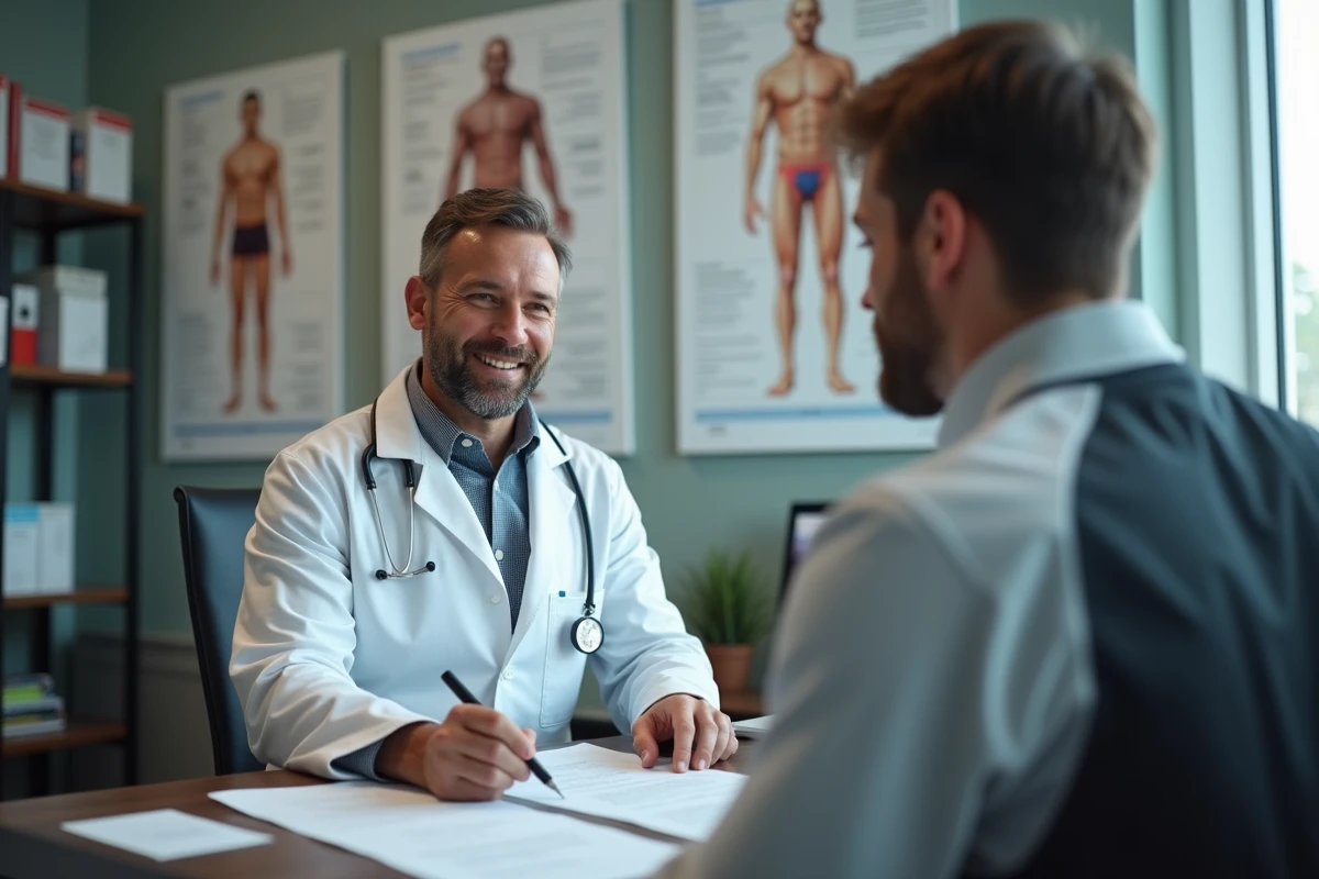 Médecin du sport expliquant des résultats de transaminases élevées à un patient sportif lors d'une consultation médicale