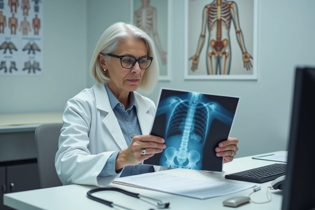 Médecin du travail analysant une radiographie lombaire lors d'une consultation liée à une maladie professionnelle du dos reconnue au tableau 57