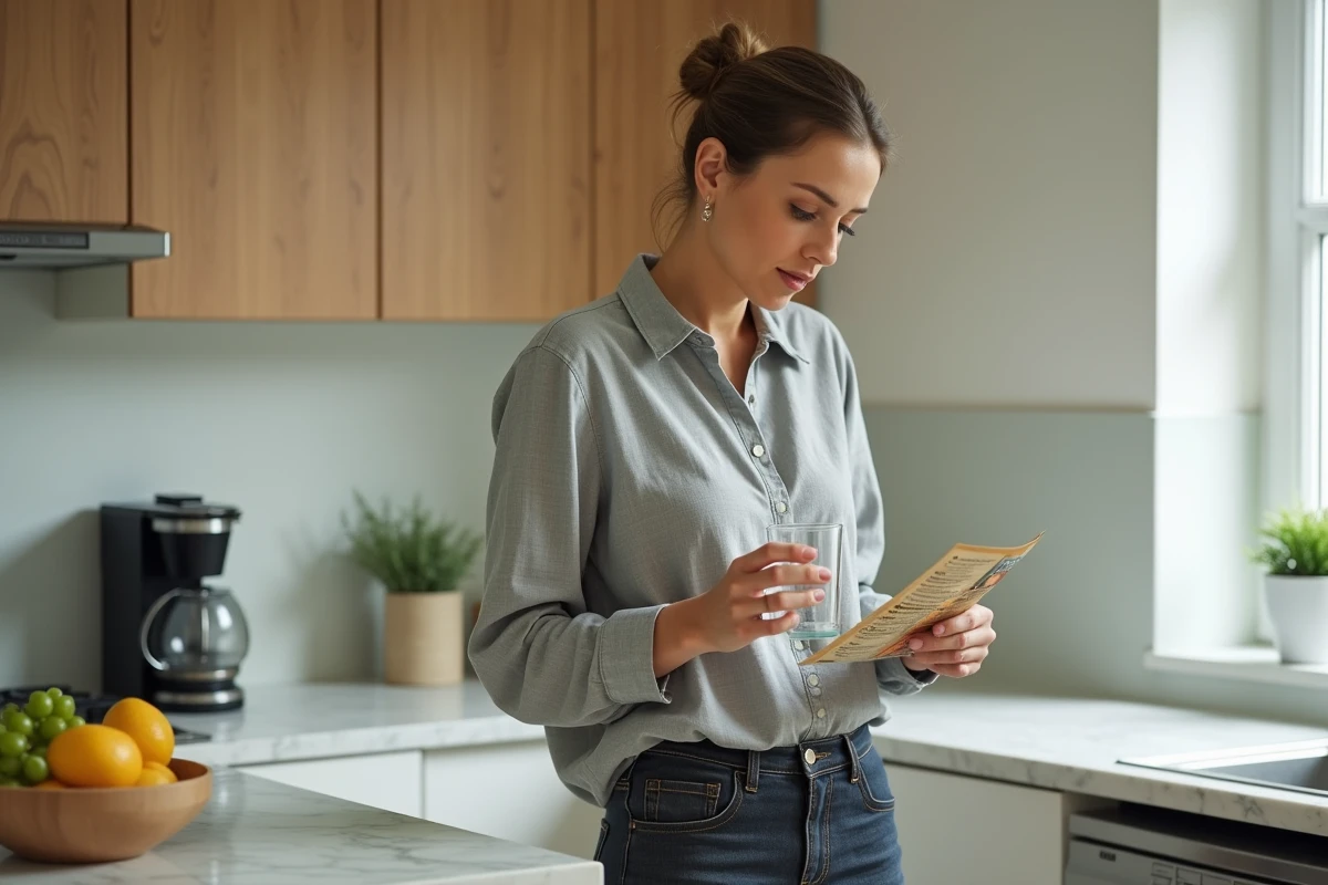 Femme lisant une notice de médicament susceptible d'augmenter les Gamma GT dans sa cuisine moderne